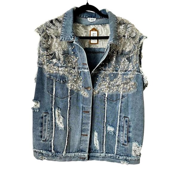 POL - Blue Embellished Denim Vest - Picture 1 of 4